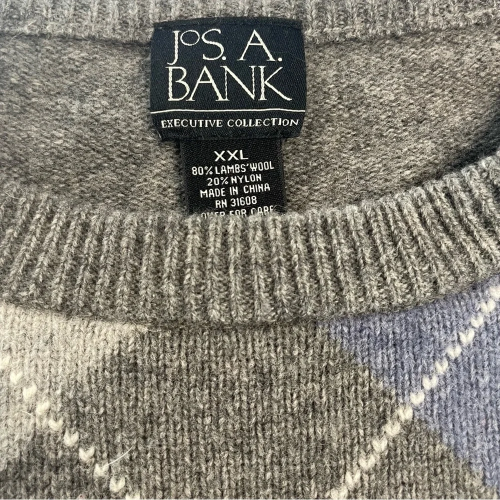 Jos. A. Bank Executive Collection XXL Gray Argyle Lambs Wool Sweater PRE…